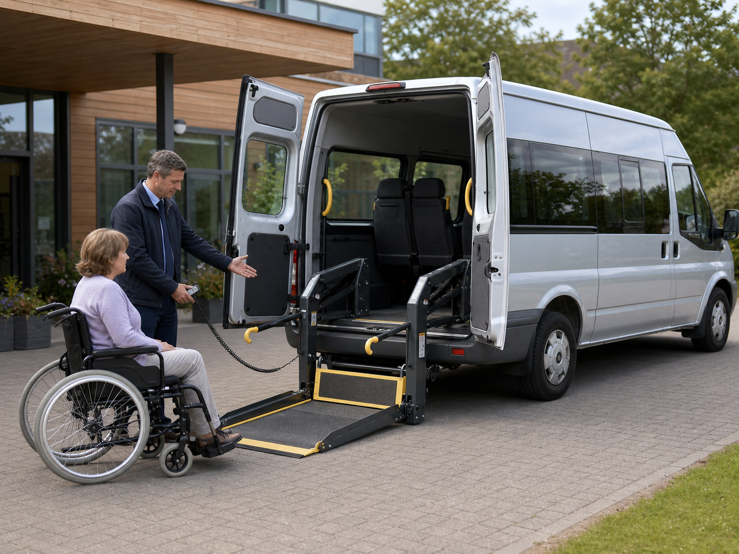 Driver demonstrating a wheelchair lift on an accessible passenger vehicle