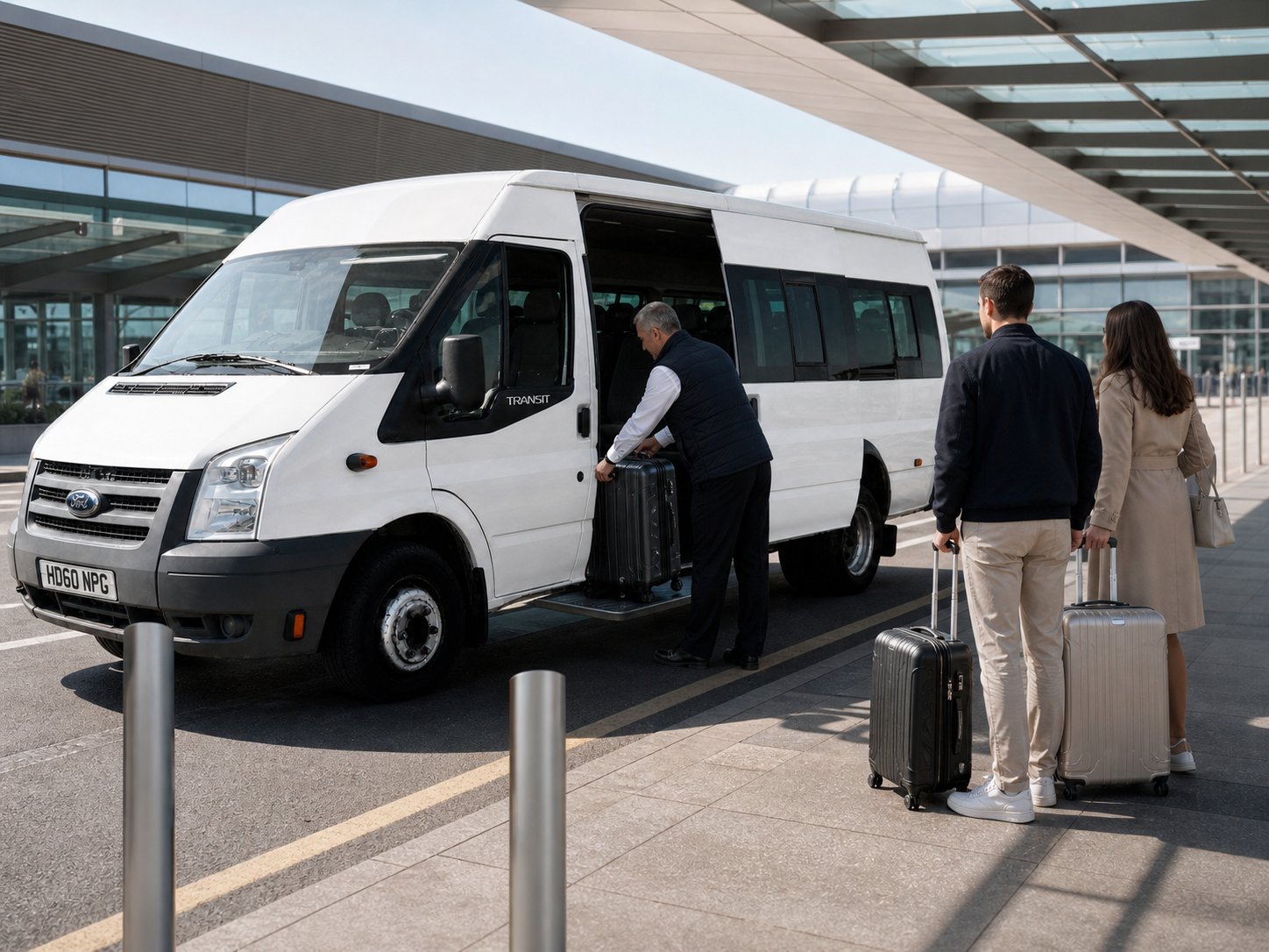 Driver loading luggage into a passenger minibus at a UK airport terminal