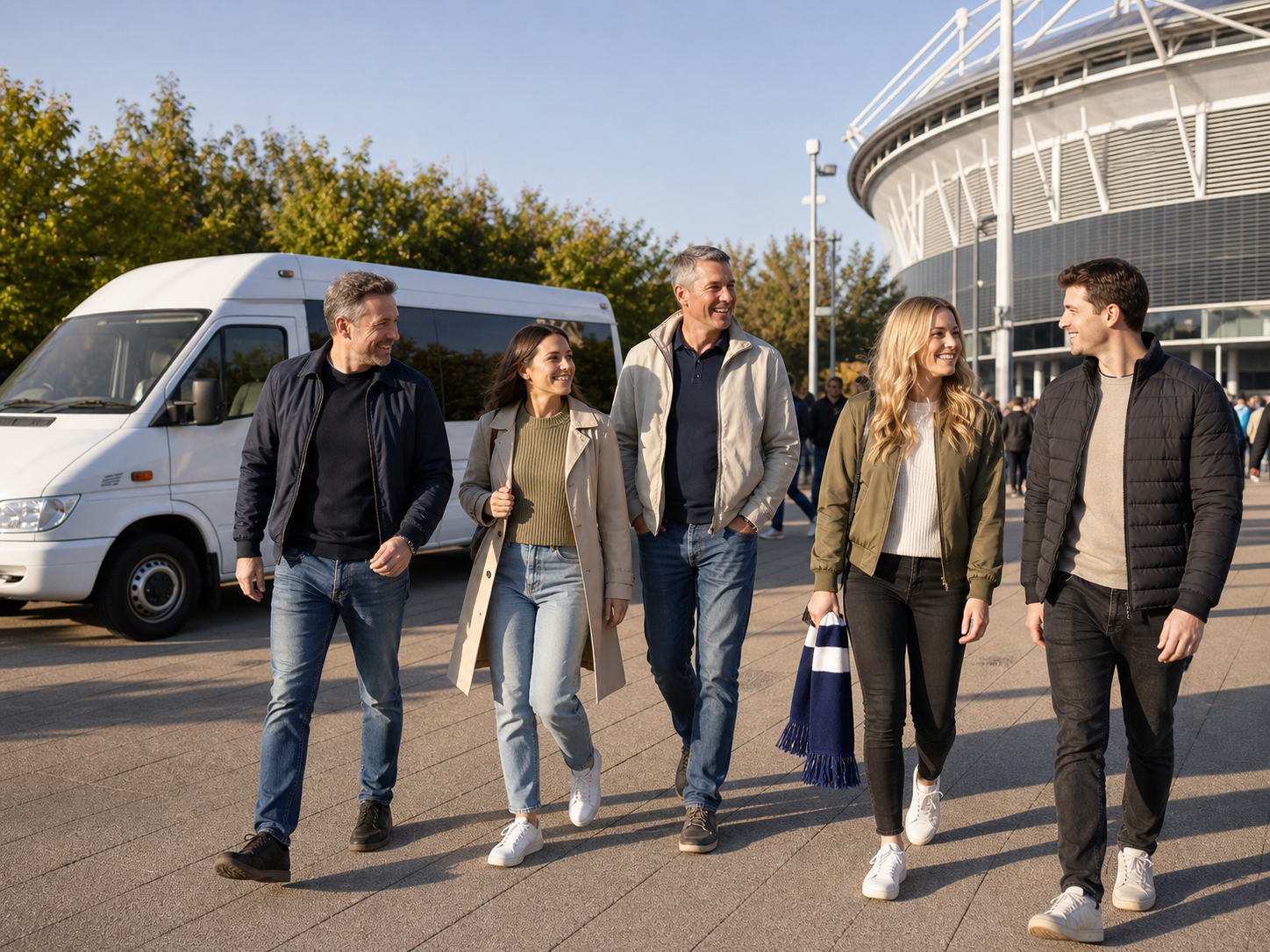 A group arriving together by minibus for a sporting event