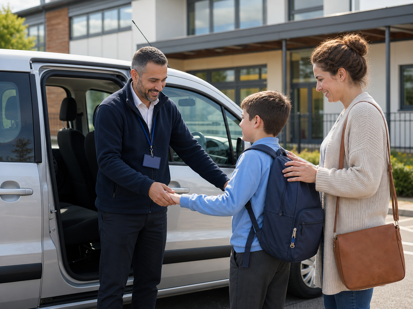 Driver greeting a school passenger and parent beside a smaller passenger MPV