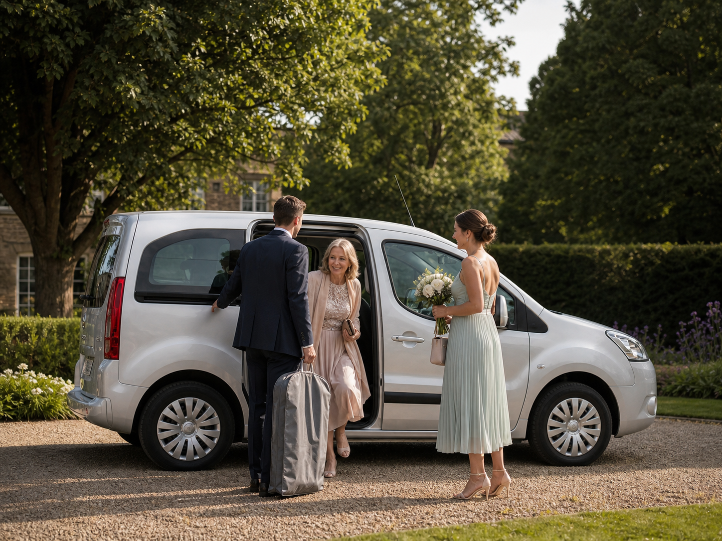 Wedding guests being welcomed beside an elegant silver passenger MPV